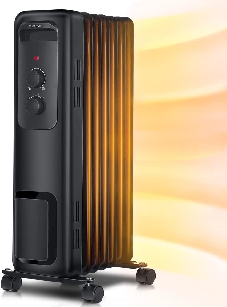 Space heater, Aikoper 1500W Oil Filled Radiator Heater with 3 Heat Settings, Adjustable Thermostat, Quiet Portable Heater with Tip-over & Overheating Functions for Home, Office, Black