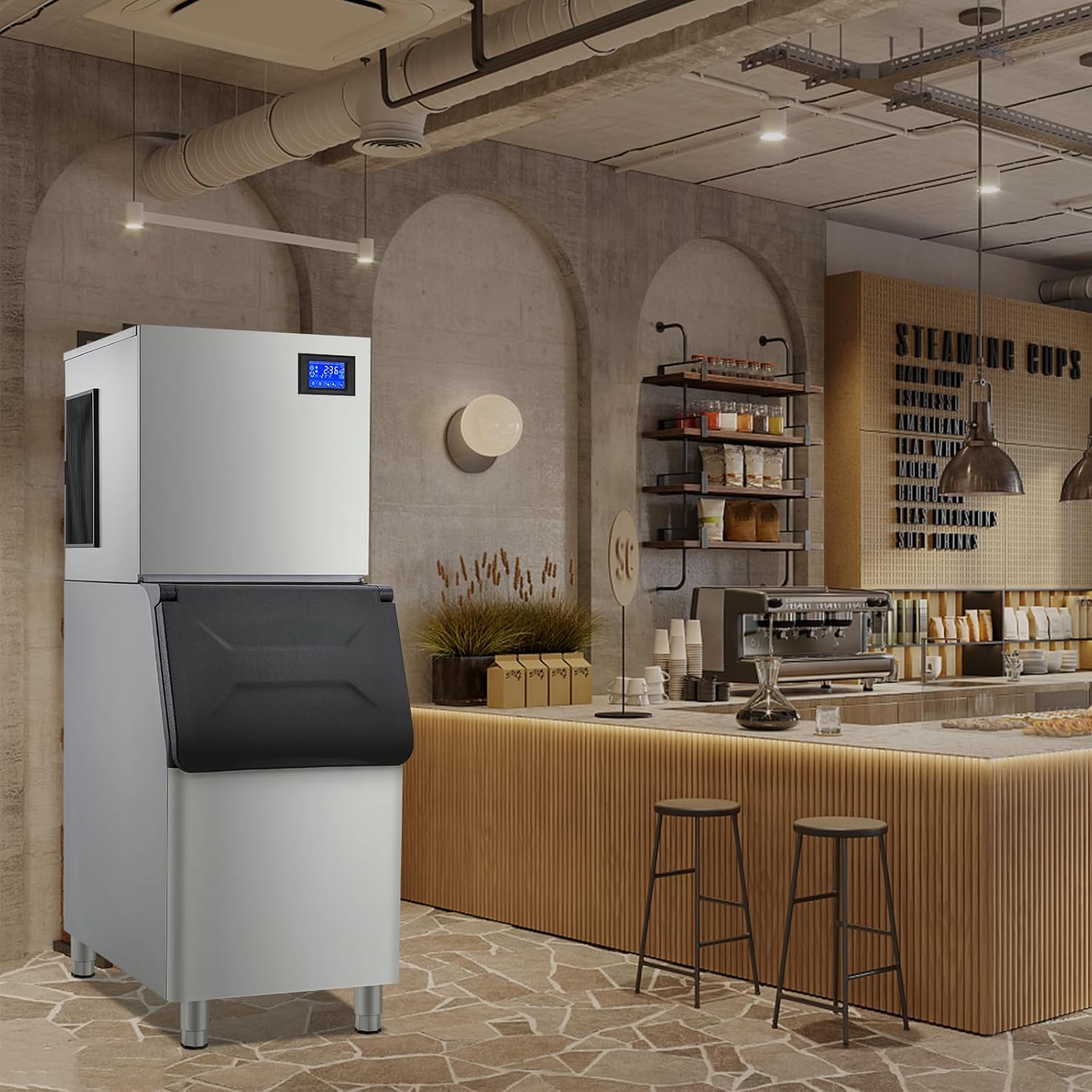 Commercial Ice Maker Machine 350 LBS/24H, Commercial Ice Machine with Storage 310 LBS Ice Maker Commercial with Drain Pump, Air Cooled Stainless Steel Ice Maker for Restaurants, Bars, Cafe, Home
