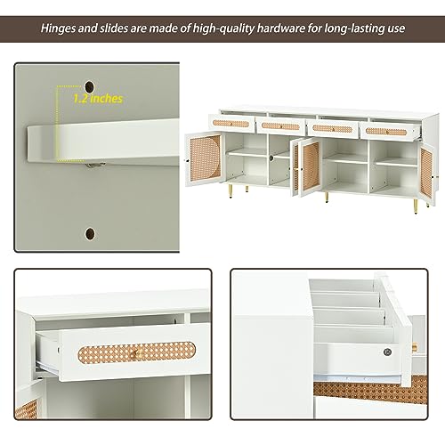 Rattan Buffet Sideboard Cabinet,4 Doors Storage Cabinet Console Table Decorative Cabinet with 4 Drawers, Adjustable Shelves for Kitchen Living Room Dining Room, White (White)