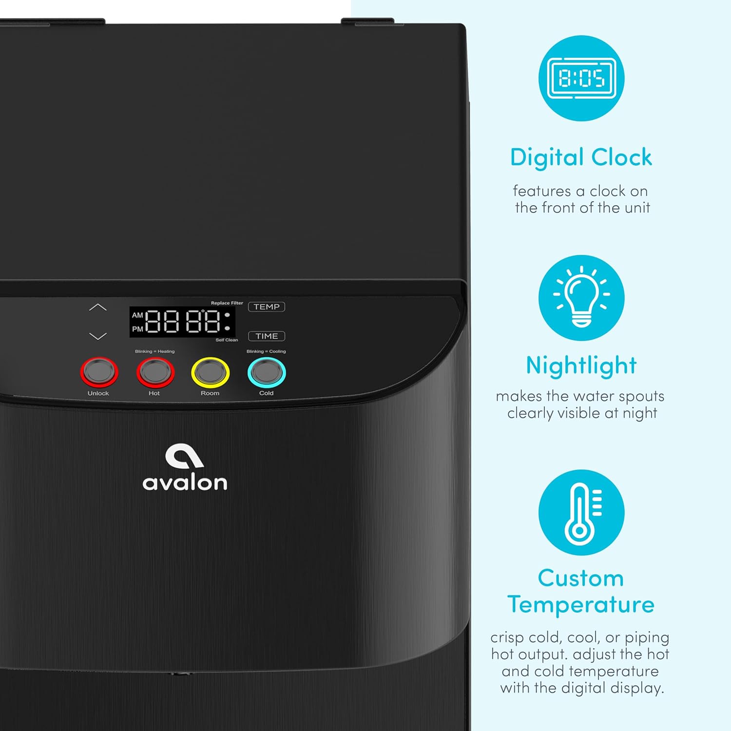Avalon A13BLK Electric Bottleless Cooler Water Dispenser-3, Digital Clock with Temperature Control, Self Cleaning, Black Stainless Steel