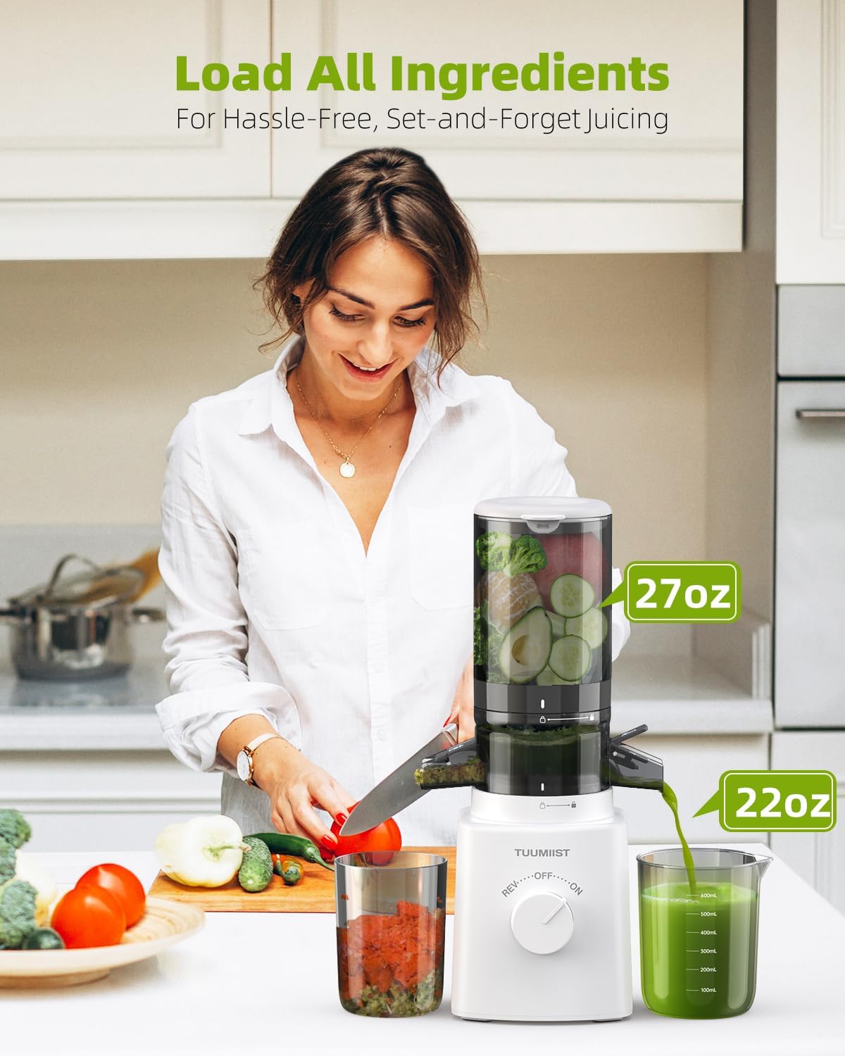 Juicer Machines, TUUMIIST Cold Press Juicer with 4.25'' Large Feed Chute Fit Whole Vegetable And Fruit, Masticating Juicer Easy To Clean, BPA Free(White)