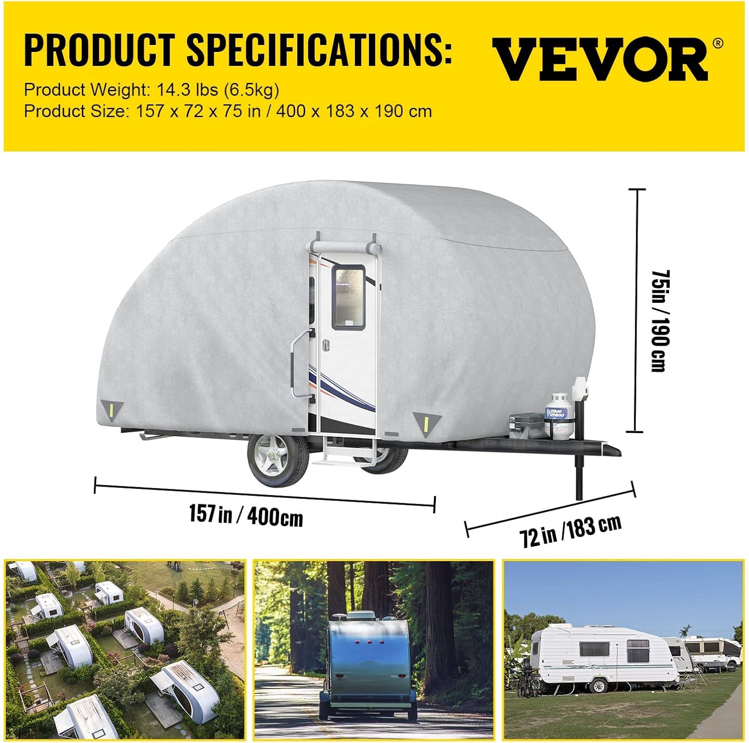 VEVOR Teardrop Trailer Cover, Fit for 8' - 10' Trailers, Upgraded Non-Woven 4 Layers Camper Cover, UV-proof Waterproof Travel Trailer Cover w/ 2 Wind-proof Straps and 1 Storage Bag