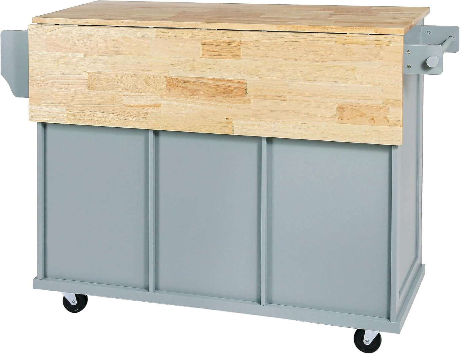 53.1inch Kitchen Cart with Rubber Wood Drop-Leaf Countertop, Cabinet Door Internal Storage Racks,Kitchen Island on 5 Wheels with Storage Cabinet and 3 Drawers for Dining Room, Blue