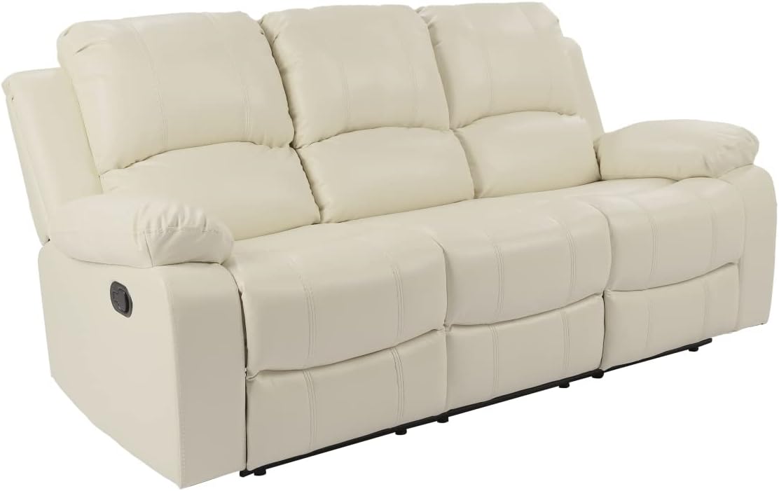 Pannow Double Recliner Loveseat with Console Slate, Double Reclining Sofa with Cup Holder, 3-Seater with Flipped Middle BACKREST Beige Air Leather, Theater Seating Furniture Sofa Bed