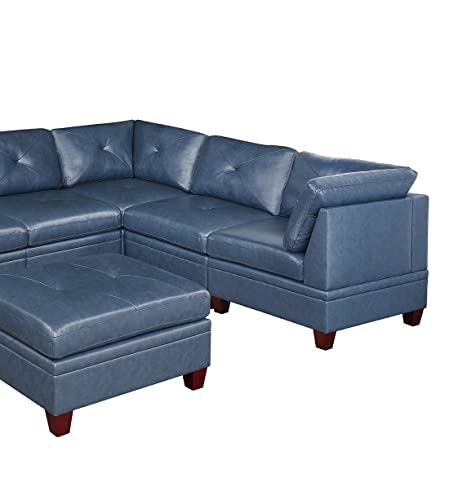 Contemporary Ink Blue Genuine Leather Sectional Sofa Set, 6-Piece, Tufted Back, Plush Couch, Wood Legs, 132 x 102 x 35 Inches NOT INCLUDE ottoman