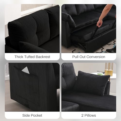 Convertible Sofa Bed Sleeper, 3 Seater L-Shaped Sleeper Sectional Sofa with Storage Chaise, Comfy Corduroy Couch, Upholstered Pull Out Sofa Bed for Living Room, Beige