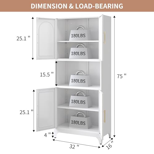 Kitchen Pantry Cabinet with Acrylic Glass Doors, 75" Metal Kitchen Hutch with Countertop, Adjustable Shelves, Freestanding Food Pantry Cabinet for Living, Dining Room, Black, Assembly Required