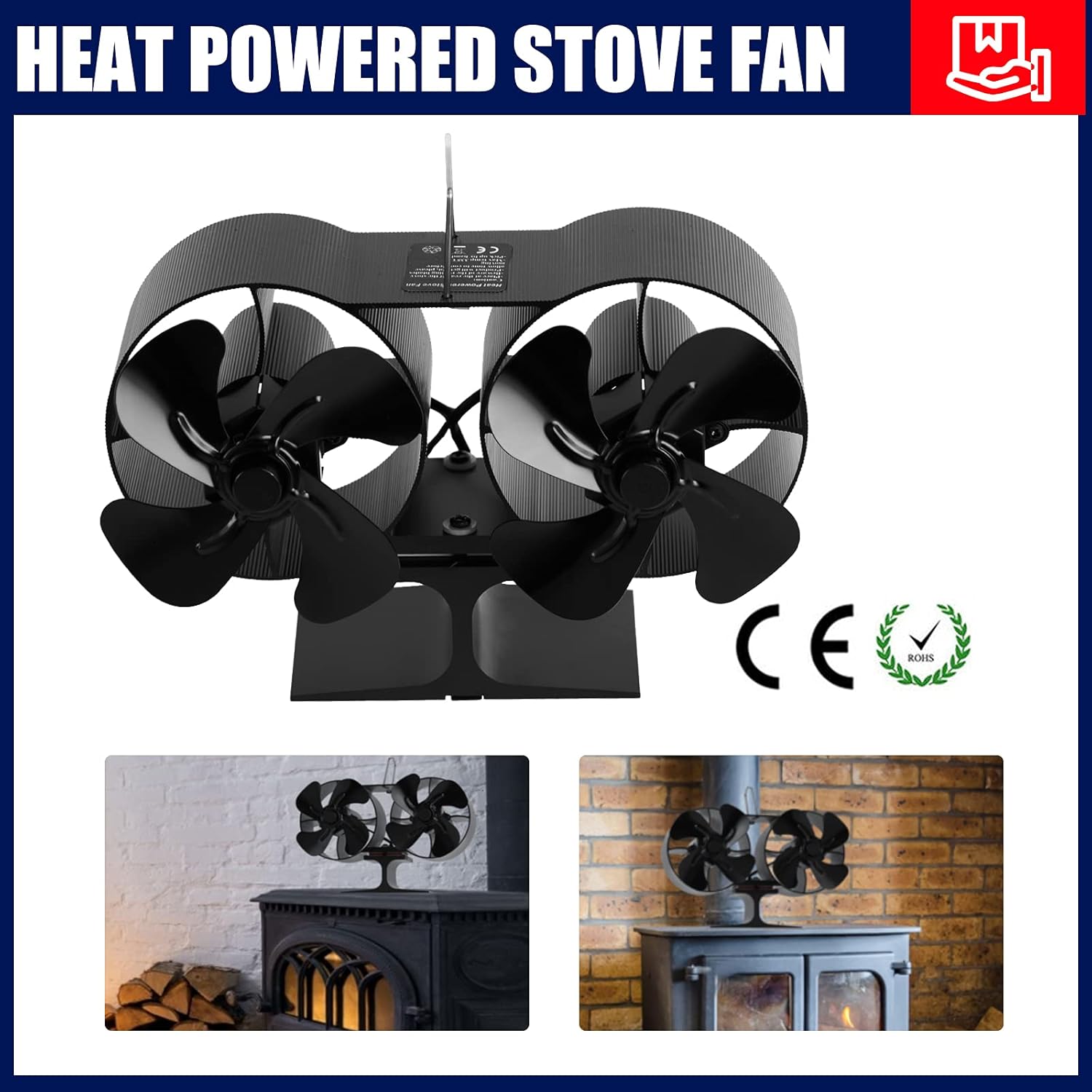 8 Blade Wood Stove Fan Dual Head Fireplace Fan Heat Powered Double Motor Eco Friendly Fan Burner Scope Of Application: Real Fire Fireplace, Pellet Fireplace, Log Fireplace Pack of 2
