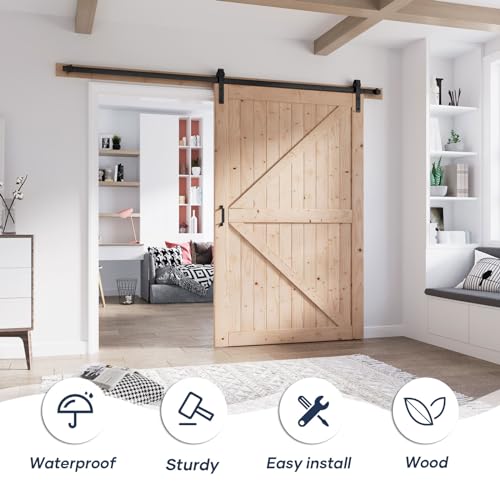 FREDBECK 48in x 80in Sliding Wood Barn Door with 8FT Barn Door Hardware Kit Included K Shape Solid Spruce Panel Sliding Door Double Surfaces Need to Assembly