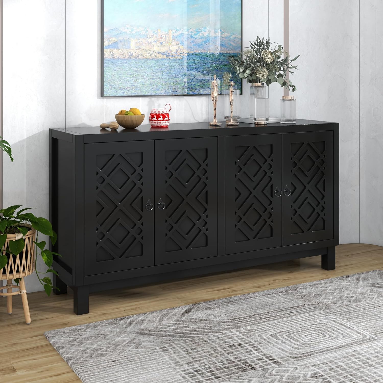 Elegant Storage Cabinet Sideboard,4 Door Buffet Cabinet with Pull Ring Handles,Large Storage Space, Versatile Cabinet for Living Room, Dining Room（Black）