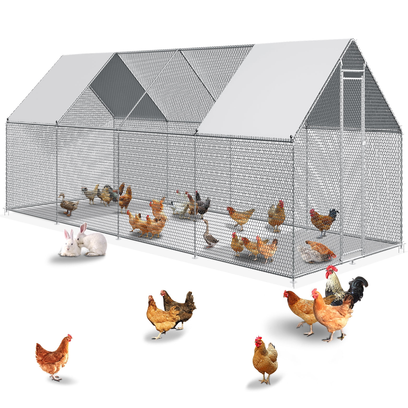 TCFUNDY 27x10ft Large Chicken Coop, Backyard Chicken Pen Run House with Wateroof & Sun-Proof Cover, Outdoor Walk-in Chicken Runs for Yard, Poultry Cage