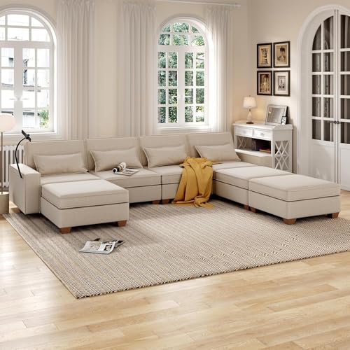 Modular Sectional Sofa, Convertible U Shaped Sofa Couch with Central Console & USB Ports, 7 Seat Modular Sectionals Couch with Chaise and Storage for Living Room, Light Grey