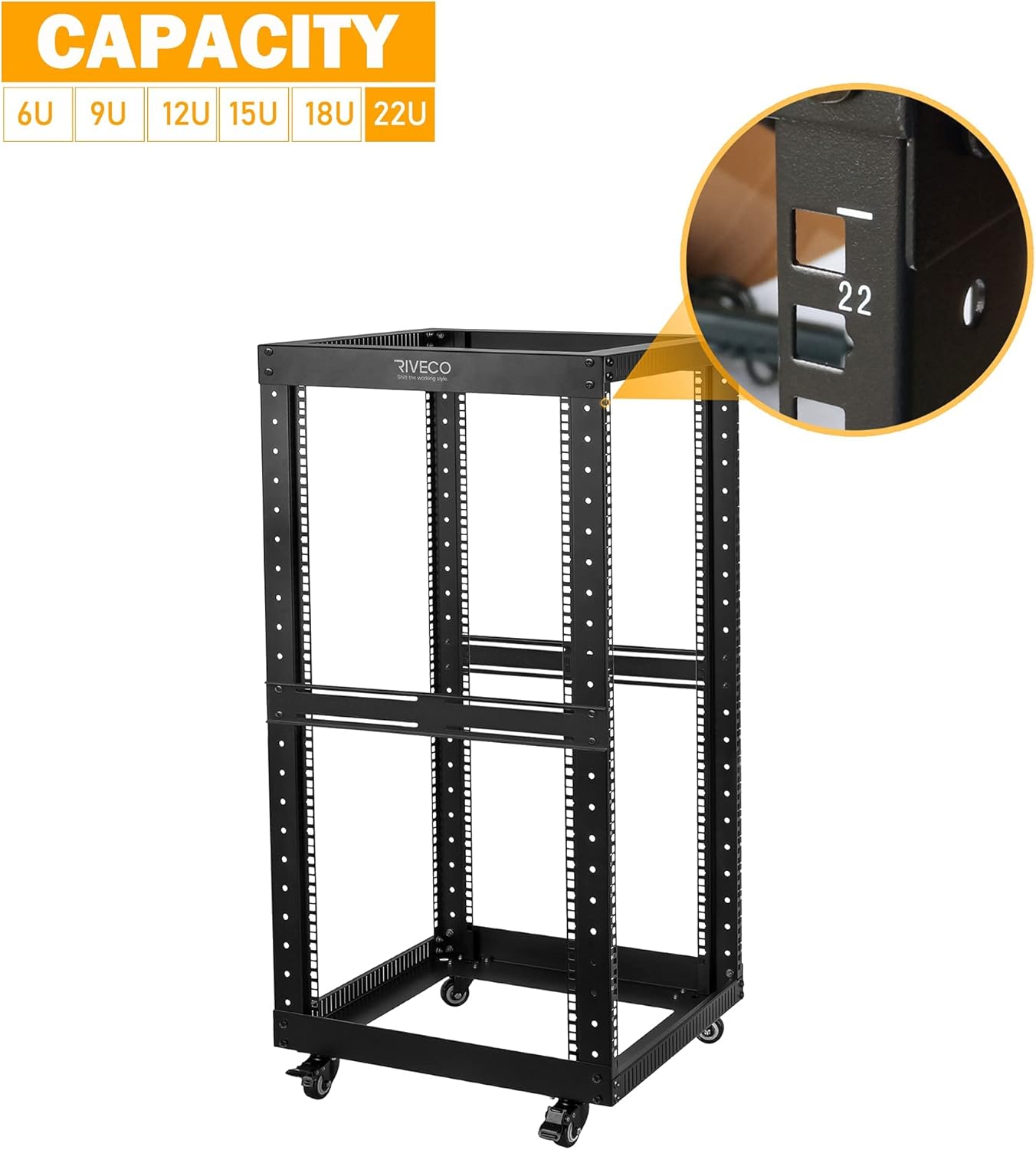 RIVECO 9U Open Frame Server Rack with Casters- Heavy Duty 4 Post Quick Assembly 19-inch, Stereo Rack Network Cabinet Black