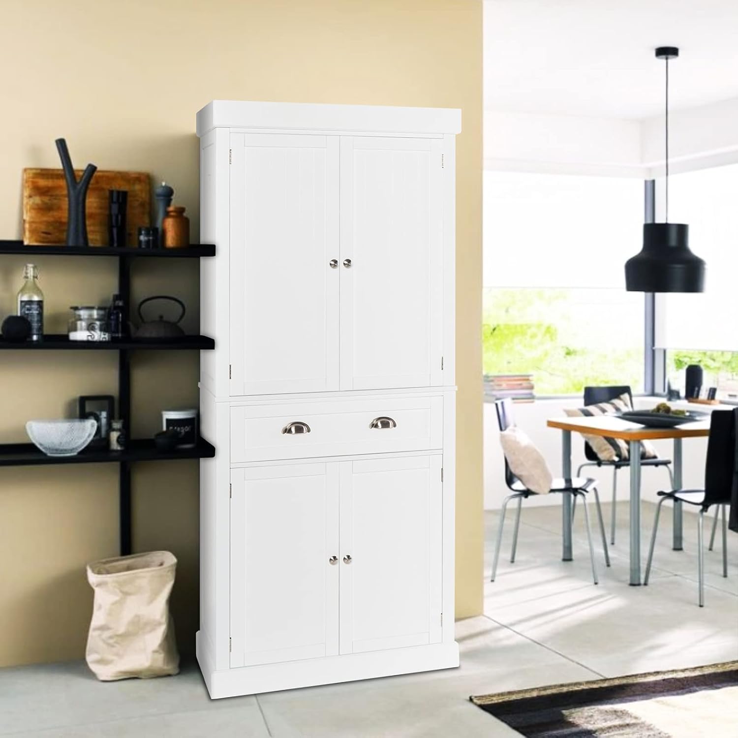 VINGLI Upgraded 72” Freestanding White Storage Cabinet with Doors and Shelves Adjustable, Wood Pantry Storage Cabinet with Drawers for Kitchen, Bedroom, Living Room, Assembly Required
