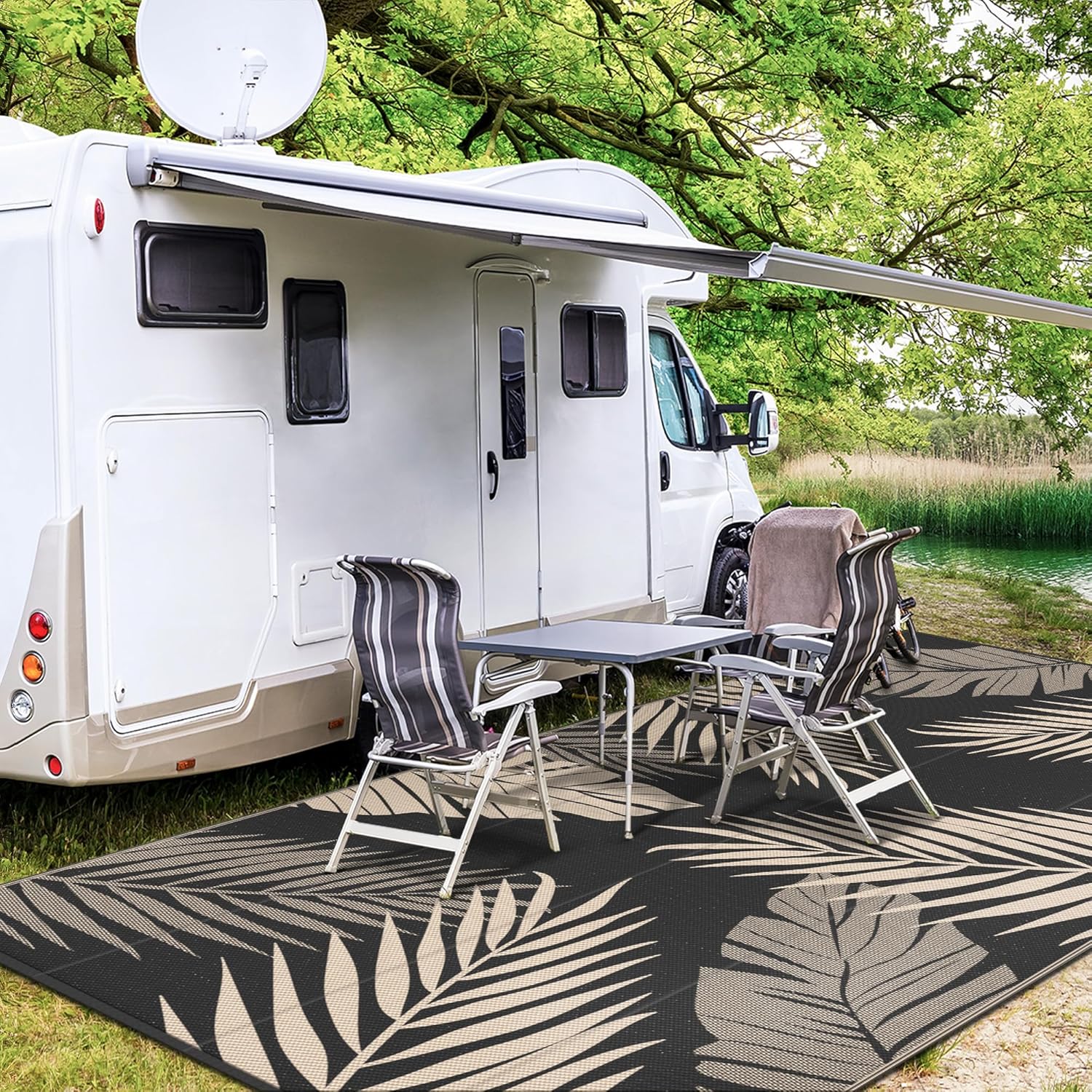 GENIMO Outdoor Rug 9' x 18' Waterproof for Patios Clearance, Reversible Outdoor Plastic Straw Camping Rug Carpet, Large Area Rugs Mats for RV, Camper, Deck, Balcony, Porch, Beach, Picnic, Black&Beige