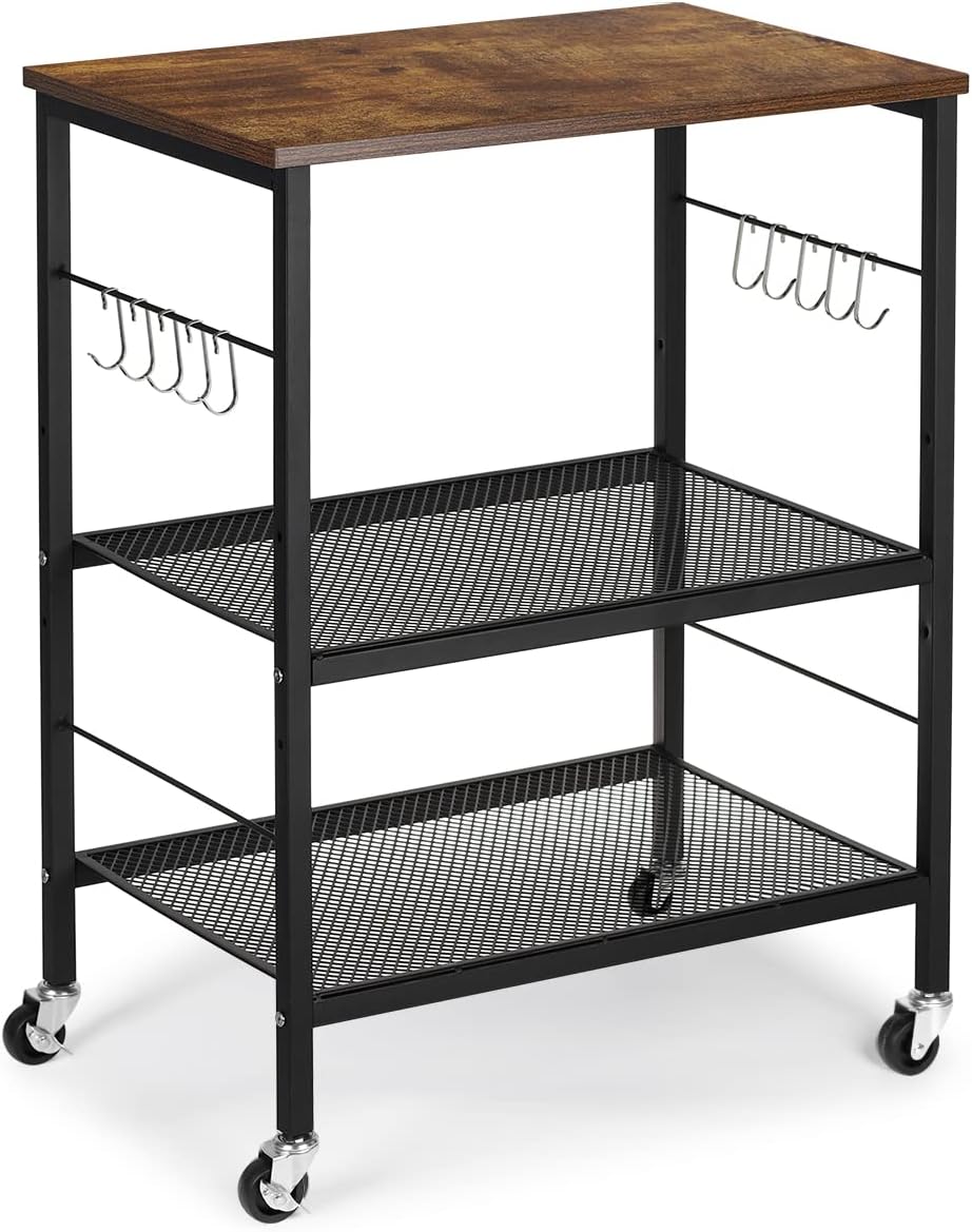 Kitchen Microwave Cart Islands Carts On Wheels 3-Tier Industrial Utility Cart and Rolling Bakers Rack with 10 Hooks and Adjustable Mesh Shelves for Farmhouse, Dining Room, Living Room, Home, Office