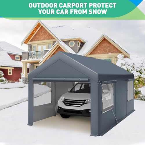 10x20FT Heavy Duty Carport, Portable Garage with Sidewalls, Doors and Ventilated Windows, UV Resistant and Waterproof, Carports 10x20 Heavy Duty for Car, Bike, Boat, Party (Gray)