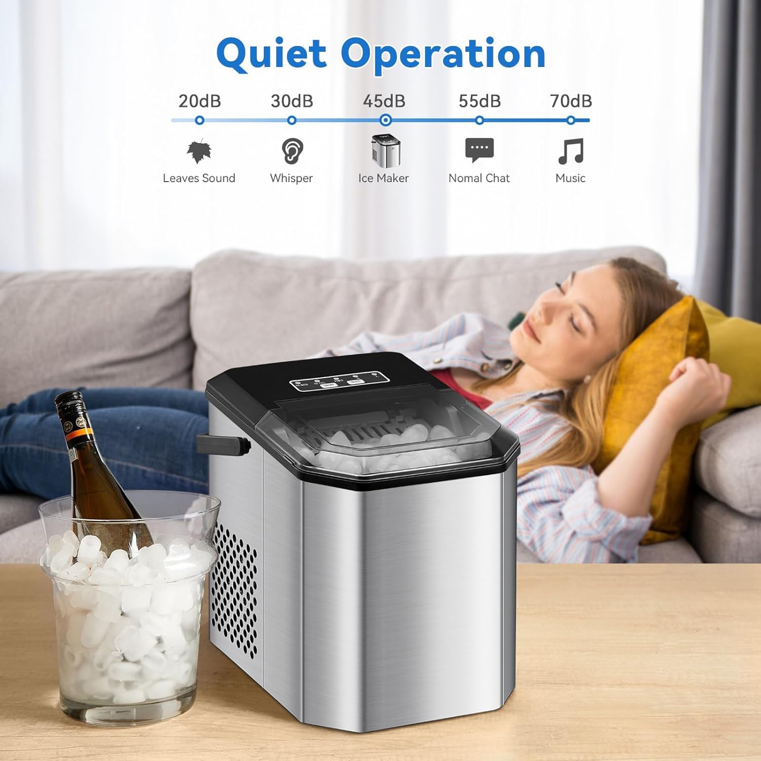 Mini Portable Automatic Electric Countertop Ice Maker Stainless Steel Countertop Ice Maker 33 lbs/24 Hours Output, Self-Cleaning,Basket for Home/Kitchen/Office/Bar