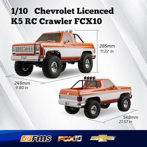 FMS 1/10 RC Crawler FCX10 Chevy K5 Blazer RS RC Car Officially Licensed Car Model RC Pickup Truck Hobby RC Offroad Rock Truck DIG/4WD/FWD 11CH 2.4GHz Remote Control Car for Adults Included (Orange)