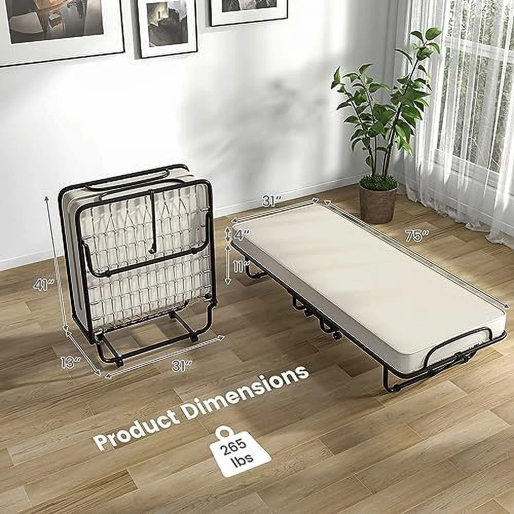 NLIBOOMLife Rollaway Folding Bed with 4 Inch Mattress for Adults  Foldable Portable Guest Bed with Memory Foam Mattress &amp; Sturdy Metal Frame  Cot Size Fold up Bed on Wheels  Easy to S