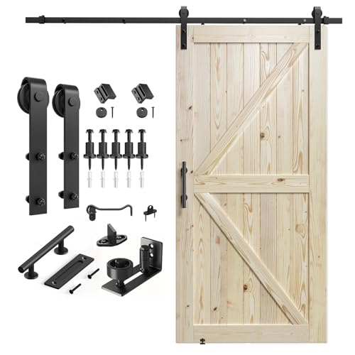 SMARTSTANDARD 36in x 84in Sliding Barn Door with 6.6ft Barn Door Hardware Kit Included, Unfinished Solid Spruce Wood Door, Assembly Required, DIY, Stainable, Natural