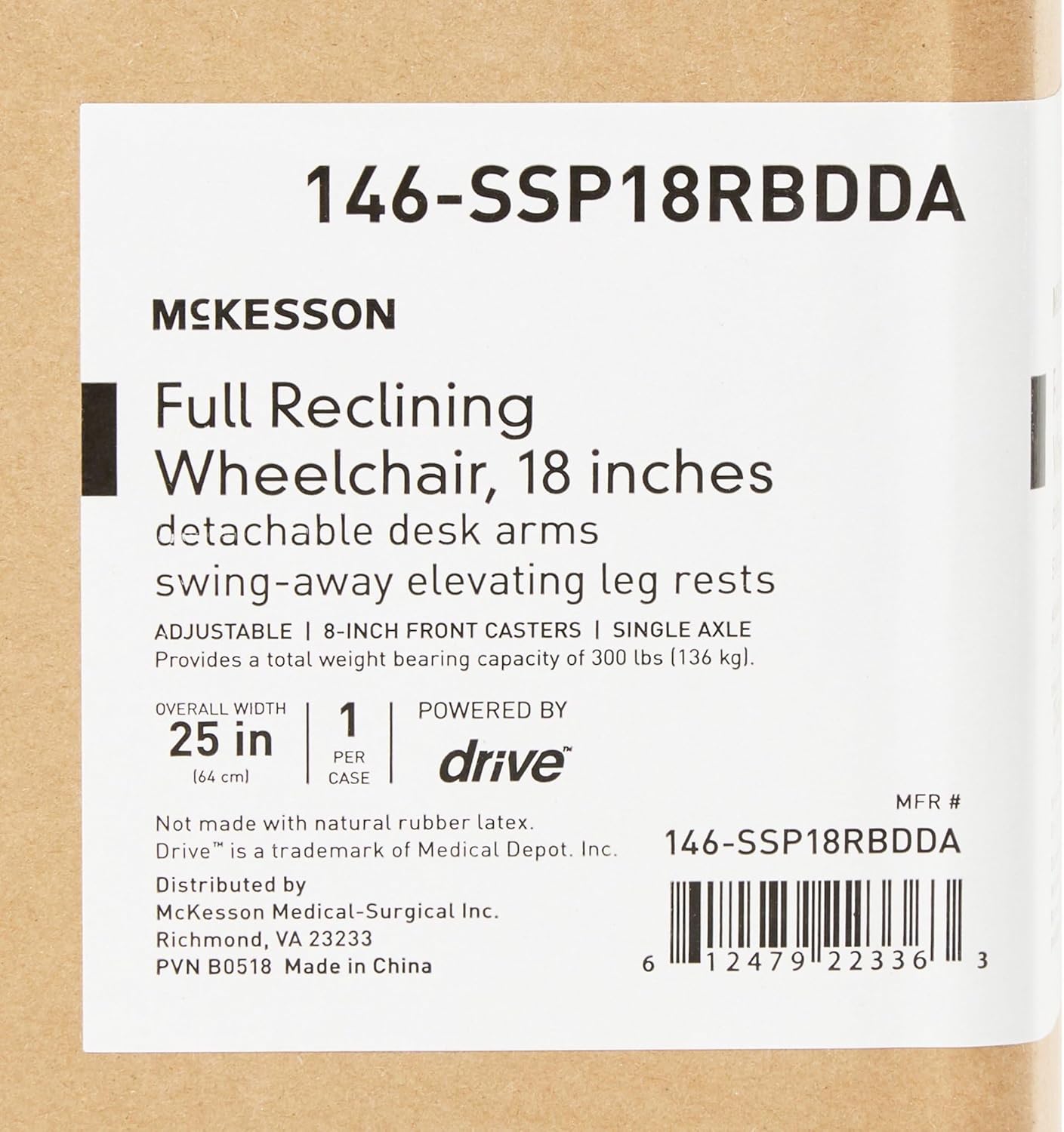 McKesson Reclining Wheelchair & Detachable Desk Arms - 18" Seat Width, 300 Lbs. Capacity - 1 Each/ - 18324201