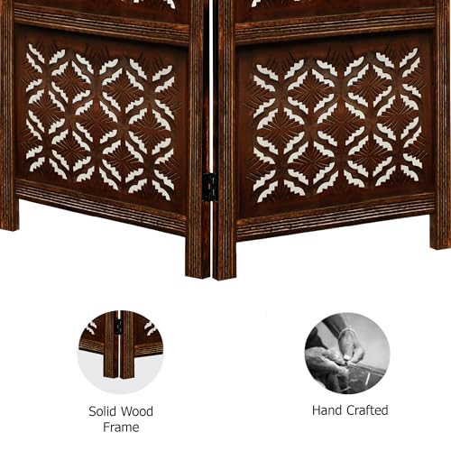 Room Divider Wood Screen - Ghanti Bells Antique Brown - 4 Panel Folding 72 x 80 - Assembled Hand Carved Decorative Functional Versatile Portable Partition Reversible Privacy Boho - COTTON CRAFT