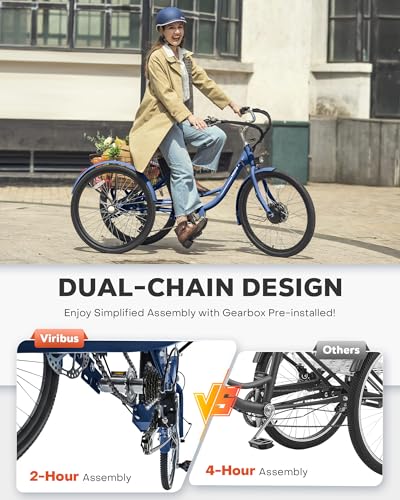 Viribus Electric Tricycle for Adults, 24 & 26 inch Electric Trike 350W(Peak 700W) with 468Wh Removable Battery, 3 Wheel Electric Bikes for Seniors, Motorized Adult Tricycle 7 Speed 330 lb. E Trike