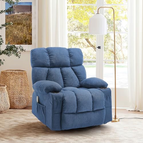 Massage Rocker Recliner Chair with Heat and Vibration Ergonomic Rocking Lounge Chair for Living Room Comfy Overstuffed Recliner with 4 Side Pockets,2 Cup Holders, USB Charge Port, Grey