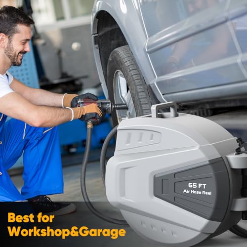Retractable Air Hose Reel, 3/8 in x 65 Ft Heavy Duty Air Compressor Hose Reel with 180° Swivel Mount, Enclosed Auto-Rewind Hybrid Air Hose Reels Any Length Lock for Workshop Garage, 300 PSI