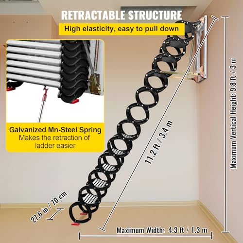 VEVOR Attic Stairs Pull Down 12 Steps, Wall-Mounted Folding Attic Ladder Alloy Attic Steps, Retractable Loft Ladder with Widen Anti-Skid Pedal and Armrests, 9.8FT Height, Blue