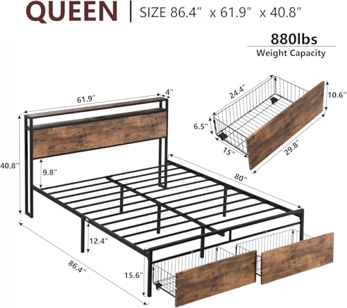 Queen Bed Frame with Headboard & Charging Station, Upholstered Platform Bed Frame with 2 Storage Drawers, Sturdy Wooden Slats Support/No Box Spring Needed/Noise Free/Easy Assembly/White