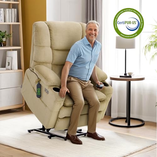 MCombo Large Triple Motor Power Lift Recliner Chair with Massage and Dual Heating, Adjustable Headrest for Tall Elderly People, Fabric 7634 (Grey, Large)