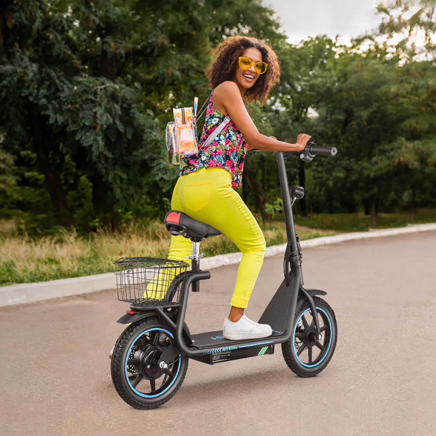 M5 Electric Scooter with Seat, 500W Powerful Motor up to 22 Miles Range, Foldable Electric Scooter for Adults 14" Pneumatic Tire, Max Speed 25Mph, Foldable Commuter Scooter with Basket