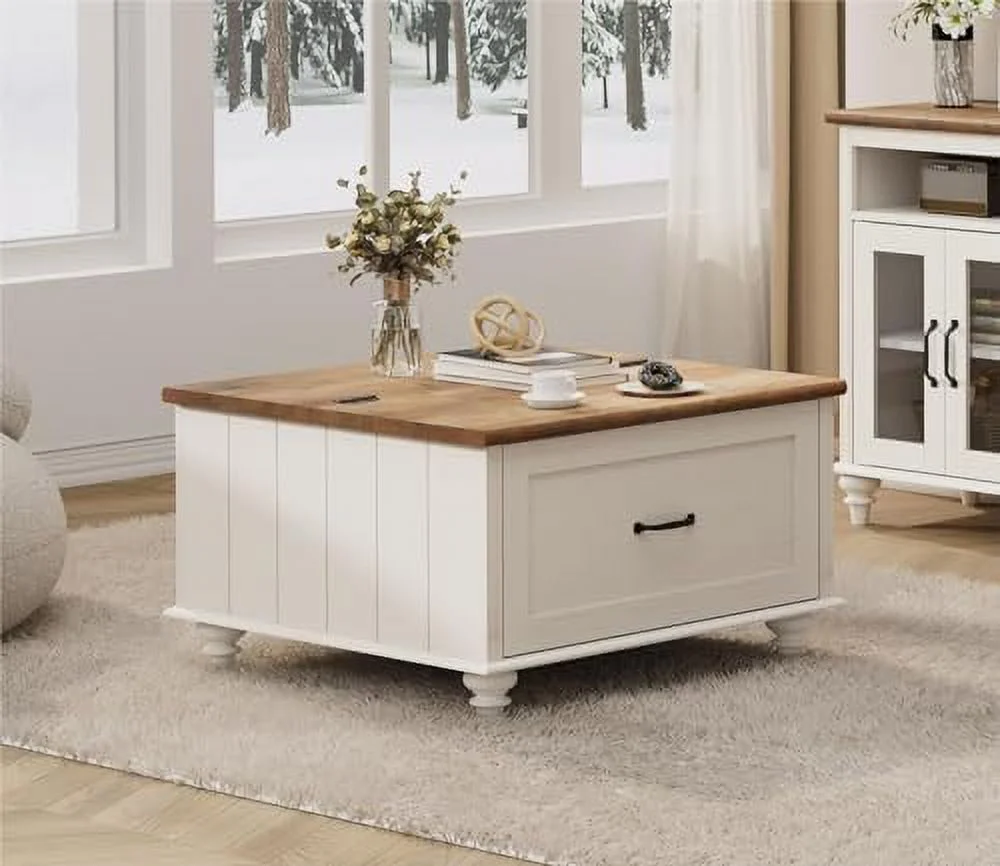 RUNFAYBIU Farmhouse Coffee Table with   Square Coffee Table with Lift Top &amp; Drawer  Wood Center Table for Living Room  Home  Office  White