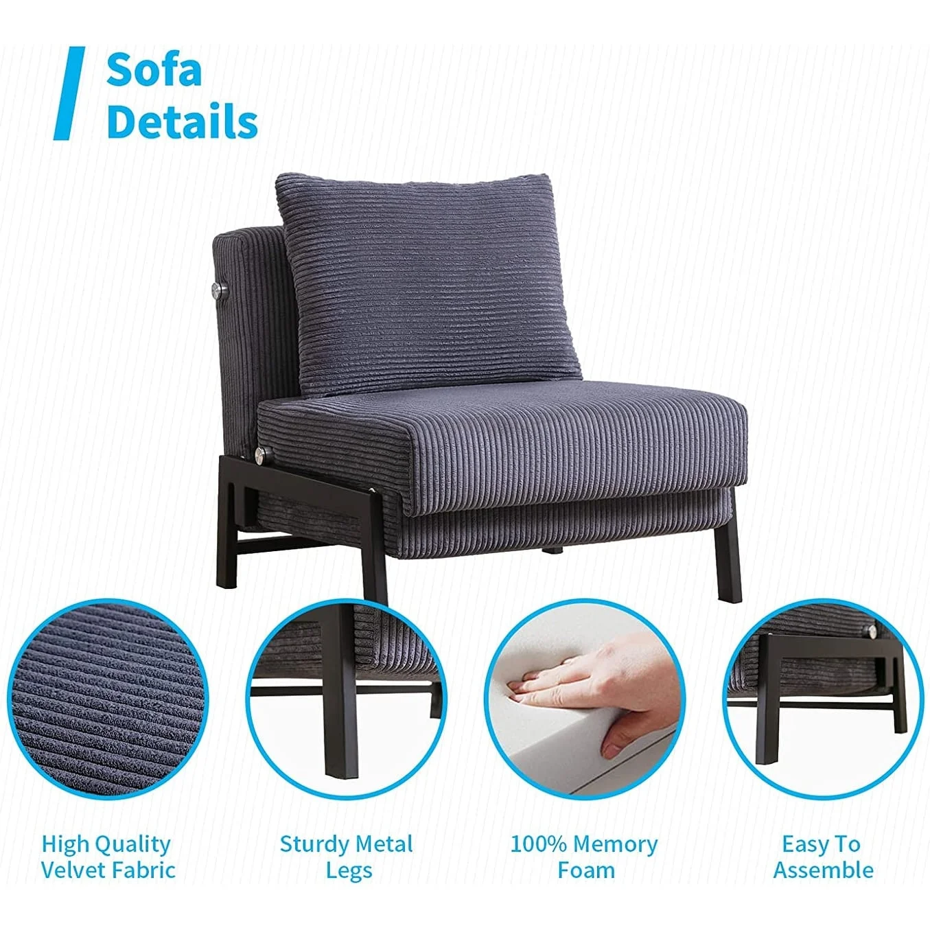Mixoy Foldable Sleeper Sofa Bed, Fold Out Chair Bed Dark Grey