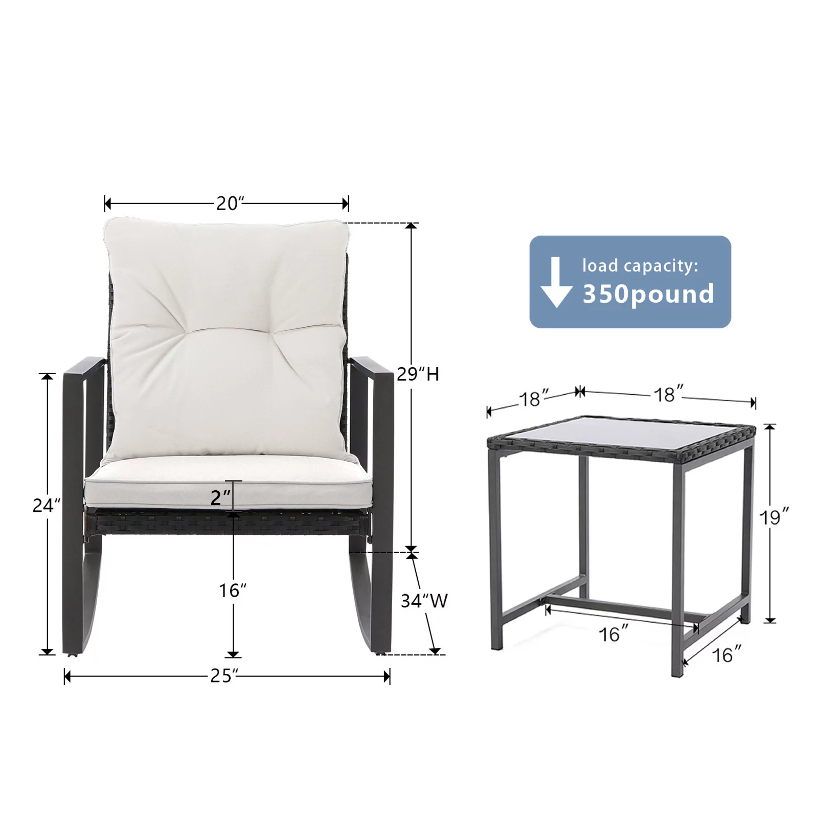 COSIEST 3 Piece Bistro Set Patio Rocking Chairs Outdoor Porch Furniture w Off-White Cushions
