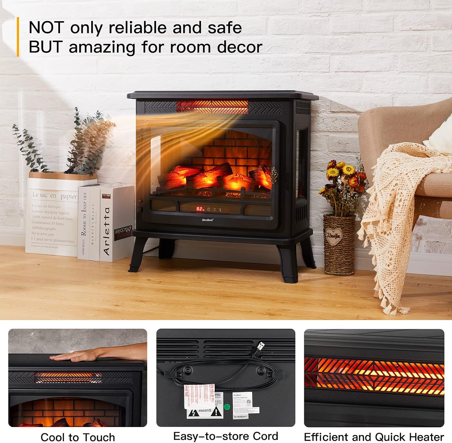 Electric Fireplace Infrared Heater, 24" Freestanding Portable Stove Heater with 3D Realistic Flame, Overheating Safety Protection with Remote Control and Timer, 1500W