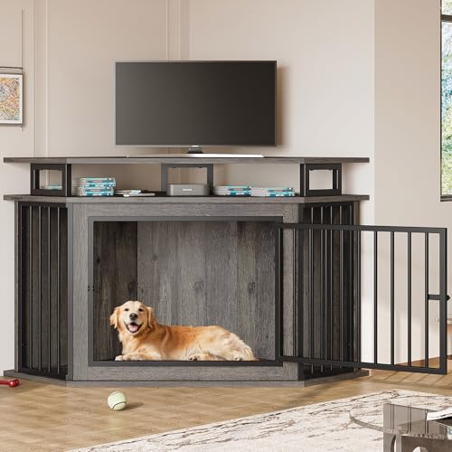 IRONCK 51" Corner Wooden Dog Crate Furniture with 2-Tier Shelves, Pet Kennel for Large Dogs, Space-Saving Dog Cage Indoor, Rustic Brown (26.7" L x 51.2" W x 33.5" H)