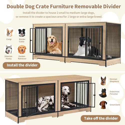 75’’ Double Dog Crate Furniture for 2 Dogs, Sturdy XXL Dog Crate Furniture with Removable Divider & Trays, Extra Large Dogs Kennel TV Stand for Living Room/Bedroom/Entryway
