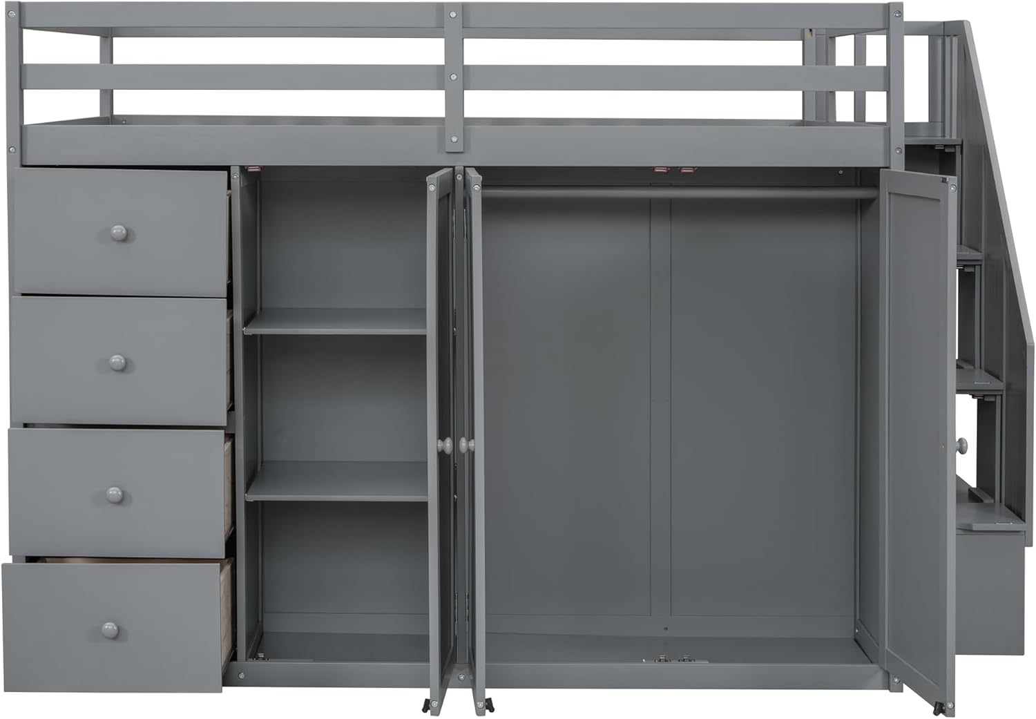Full Size Loft Bed with Storage Space, Muti-Functional Wooden Loft Bed Frame with Built-in Wardrobes, Staircase, Cabinets and Drawers for Kids Teens Adults Bedroom, Space-Saving Design, Gray