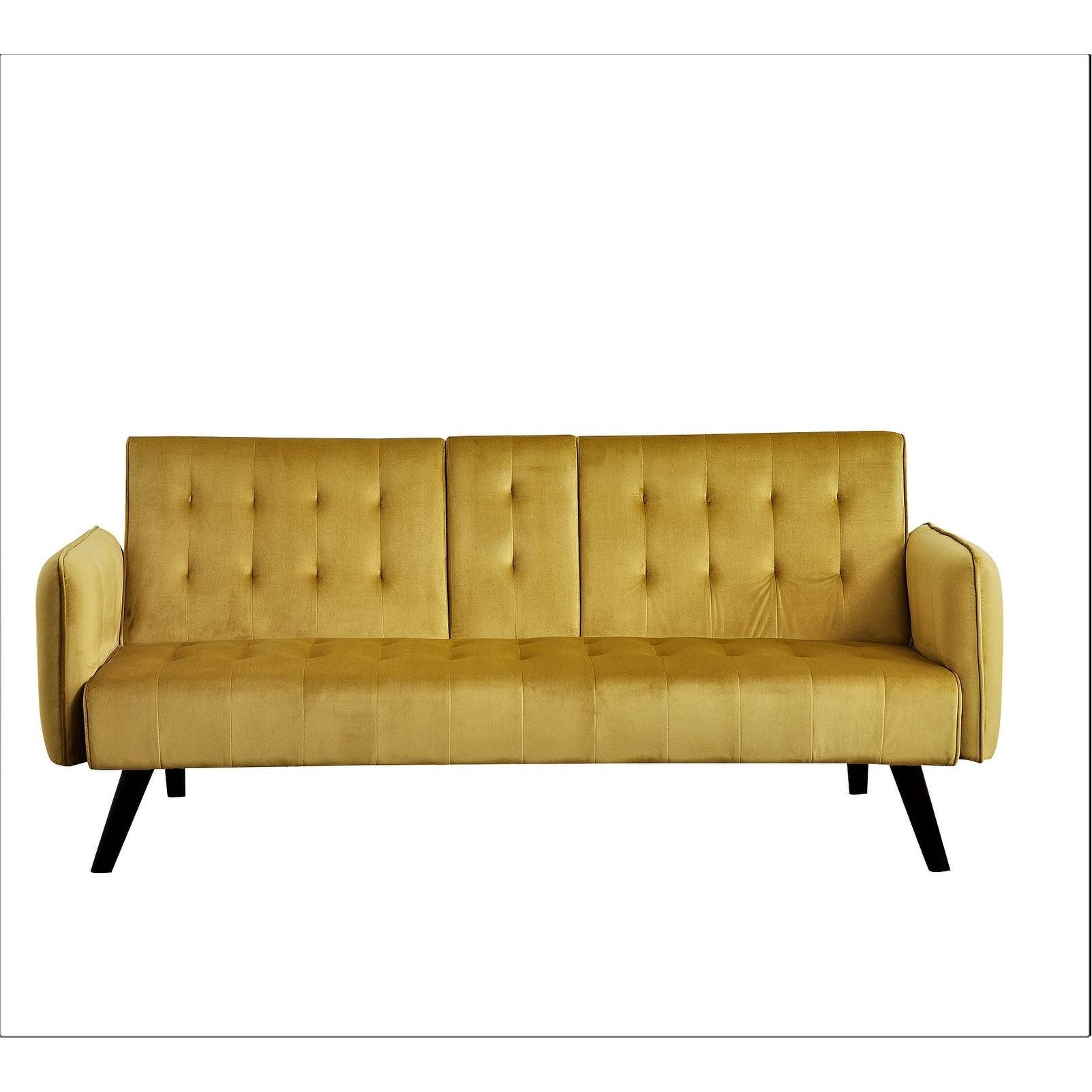 US Pride Tufted Convertible Velvet Sofa Bed with Cup Holder - Yellow
