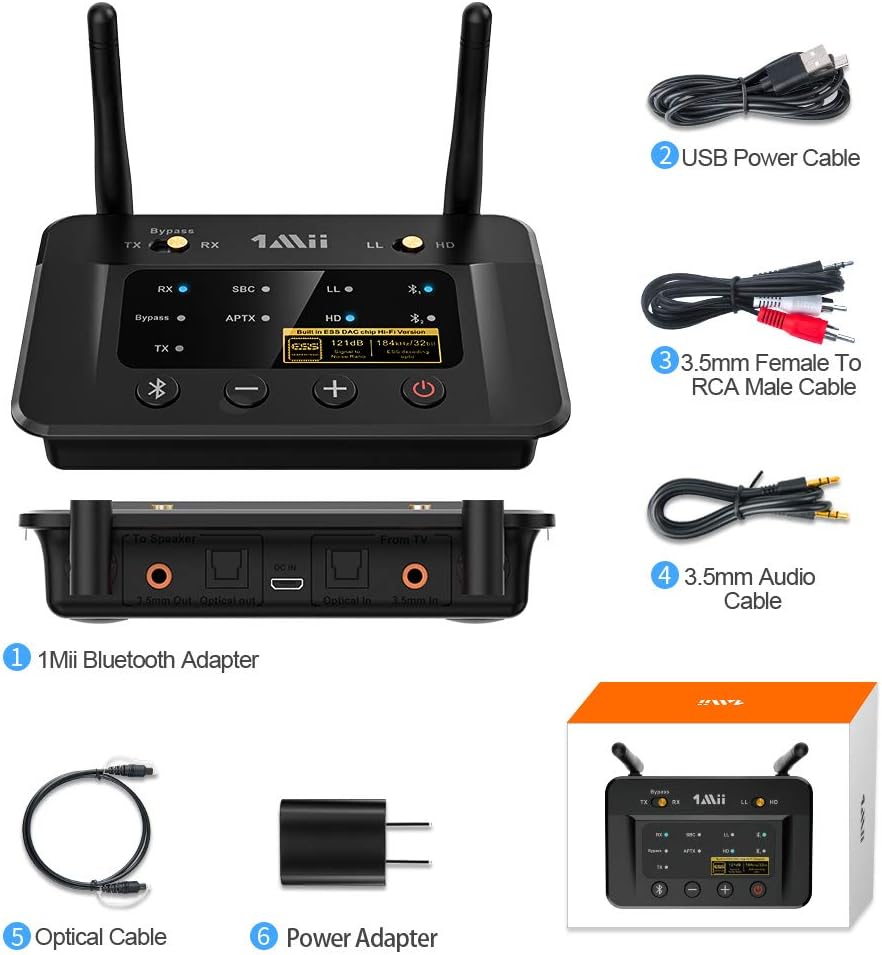 1Mii Bluetooth 5.0 Transmitter Receiver for Home Stereo TV, HiFi Wireless Audio Adapter with Audiophile ESS DAC & AptX HD/Low Latency, Long Range, Optical RCA AUX 3.5mm Outputs/Inputs
