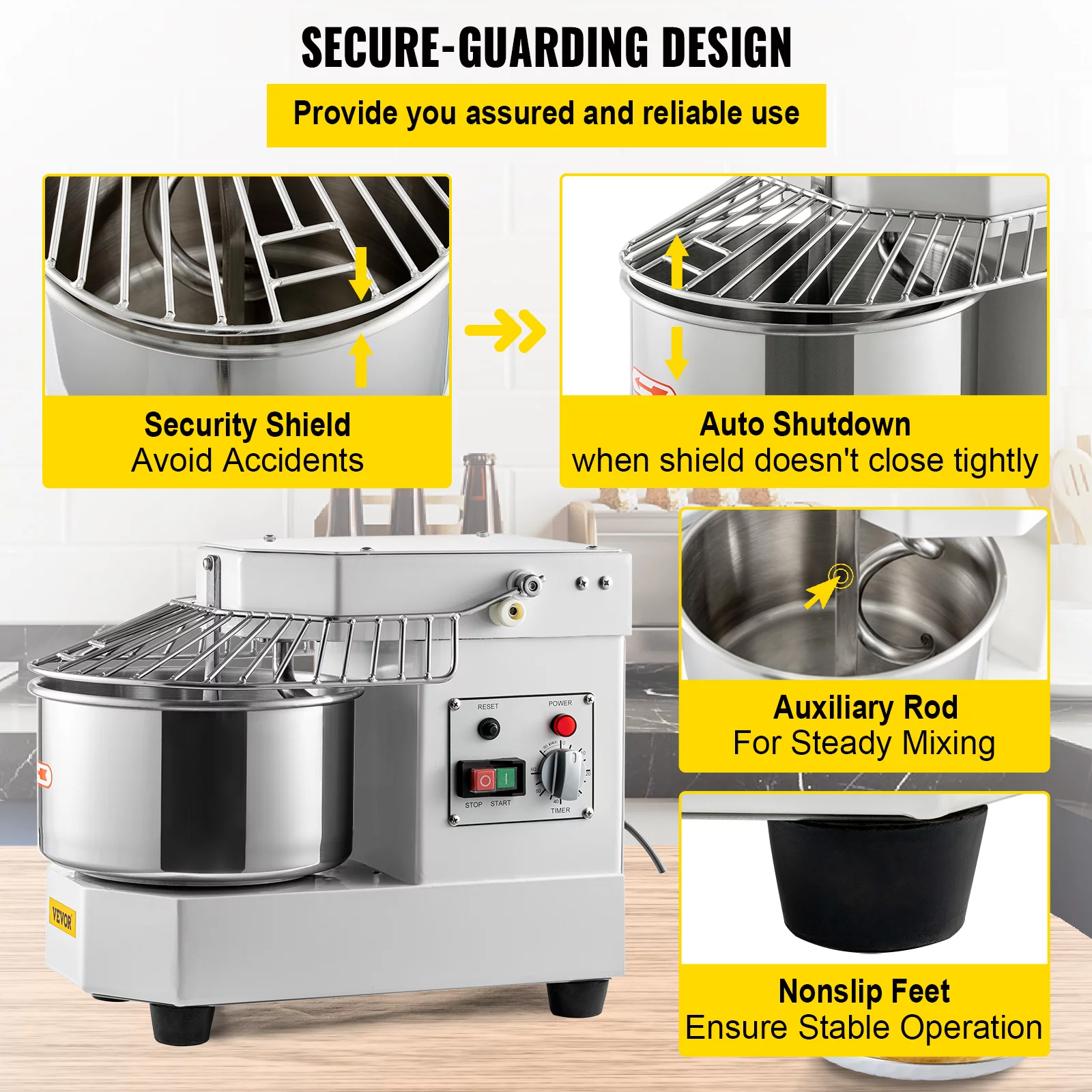 VEVORbrand Commercial Food Mixer, 7.3Qt Capacity, 450W Dual Rotating Dough Kneading Machine with Food-grade Stainless Steel Bowl, Security Shield & Timer Included, Baking Equipment