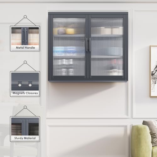 Retro Style Haze Double Glass Door Wall Cabinet with Detachable Shelves for Office, Dining Room,Living Room, Kitchen and Bathroom White