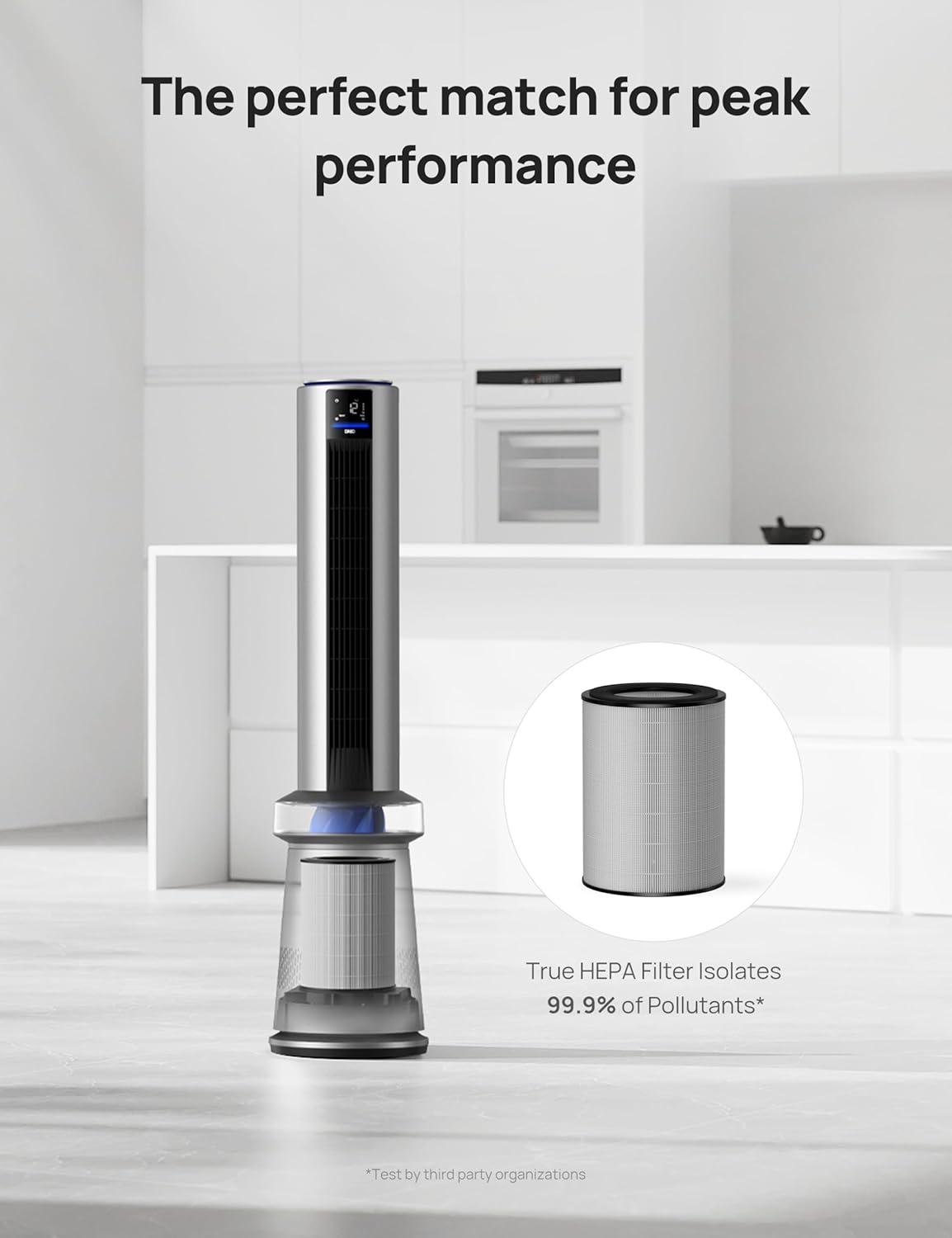 Dreo Air Purifier Tower Fan with 45" Oscillation, 27ft/s Airflow, App Control, and Replacement HEPA Filter for Bedroom