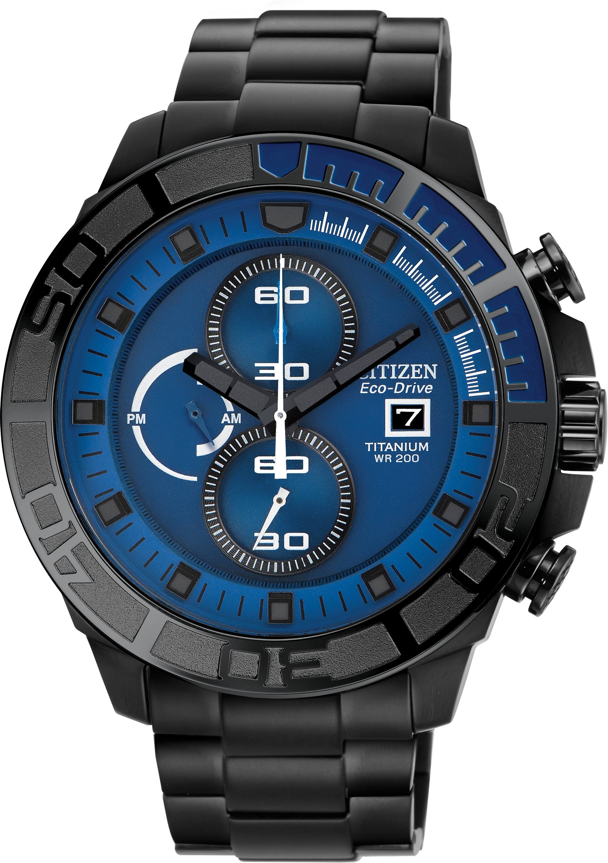 Citizen #CA0525-50L Men&s Eco Drive Black IP Titanium Blue Dial 200m Chronograph Watch