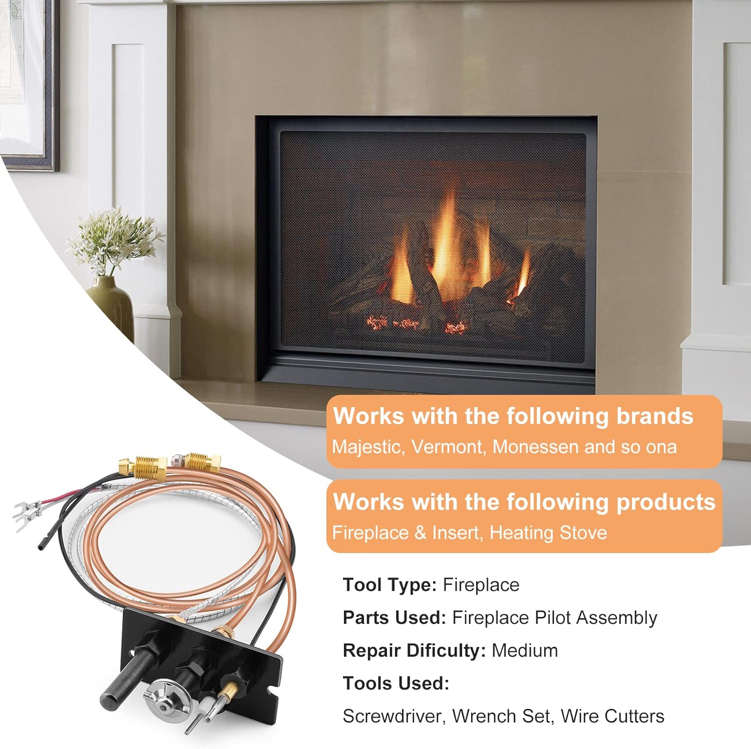 WADEO Propane and Natural Gas Pilot Assembly, 3 Way Pilot Replacement for HHT, Majestic, Monessen, Temco, Vermont Castings Fireplace and Stoves, Replaces 10002264