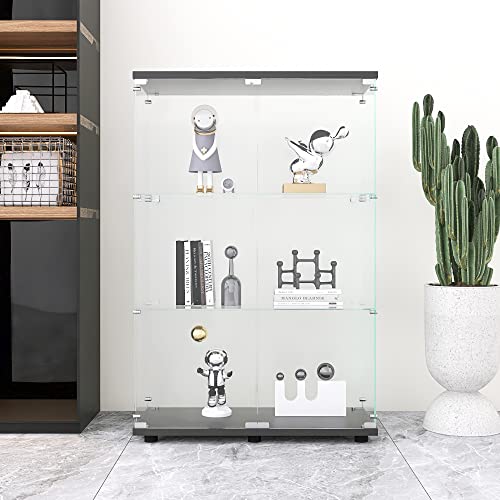 Glass Display Cabinet, 3 Shelves Glass Curio Cabinet Display Case, Floor Standing Glass Bookshelf Corner Cabinet for Living Room Bedroom Home Officee, 49.3" H x 16.7" W x 14.3" D, White