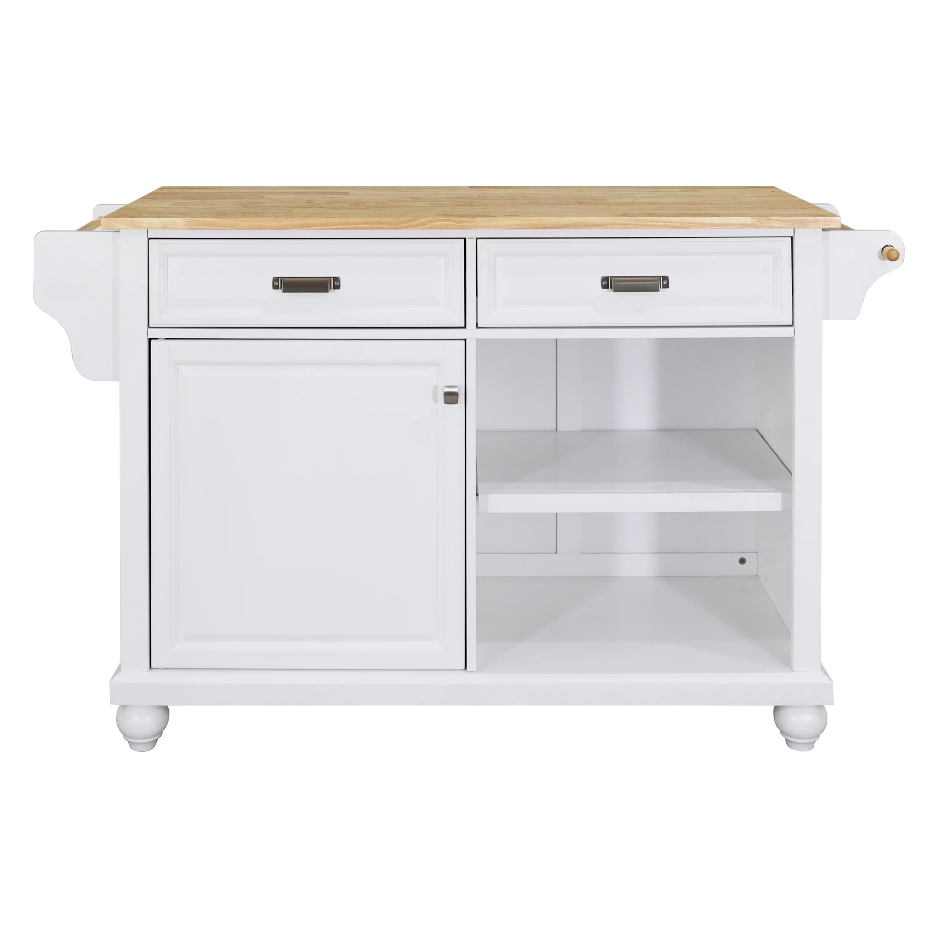 Multi-Functional Storage Island Cart with Rubberwood Countertop and Drop-Leaf, Greenguard Gold Certified, Kitchen Island on Wheels with Large Storage Cabinet,2 Drawers,Spice Rack,Towel Holder, White